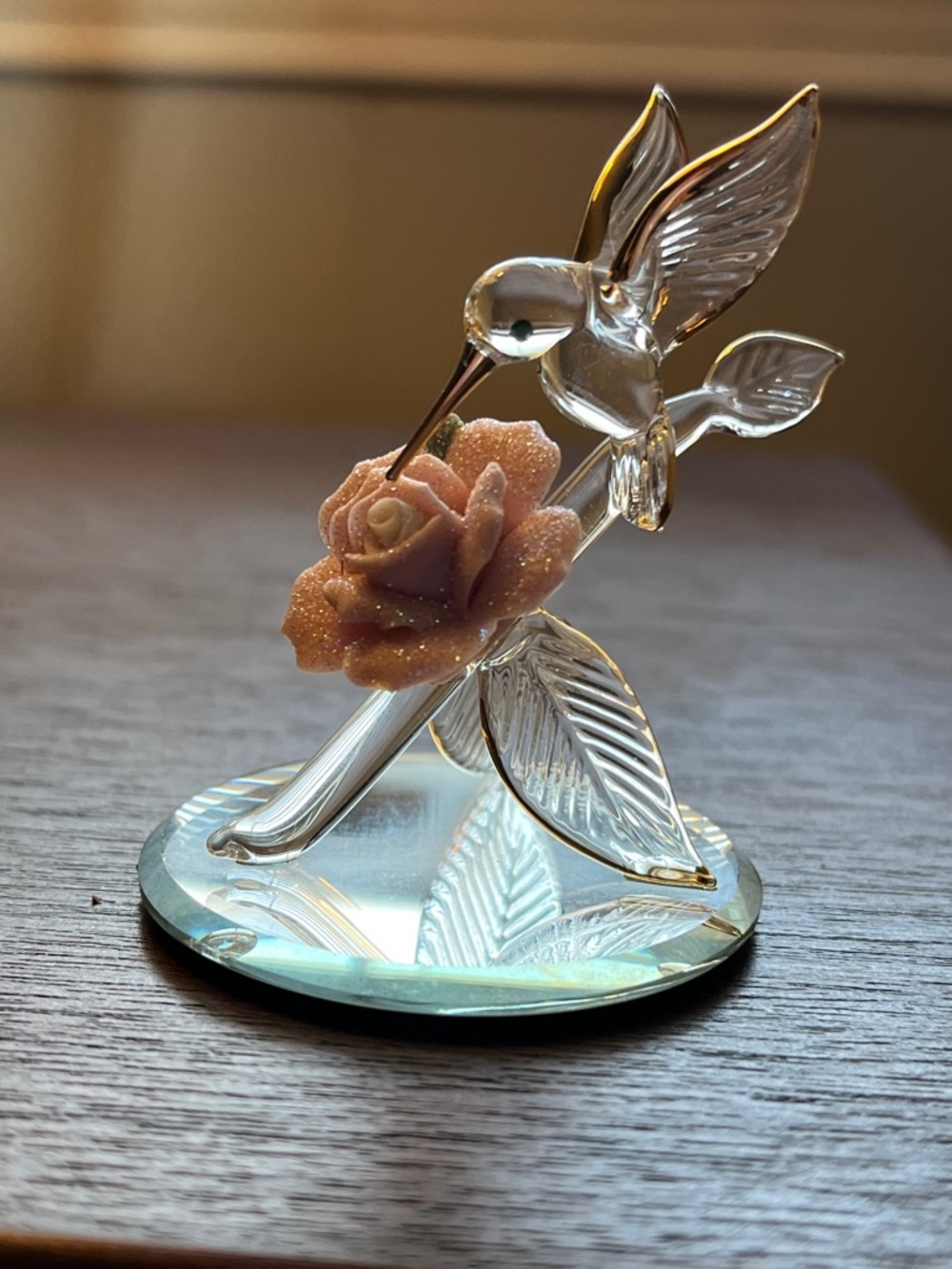 Clear Glass Hummingbird Figurine with Pink Rose and Gold Trim